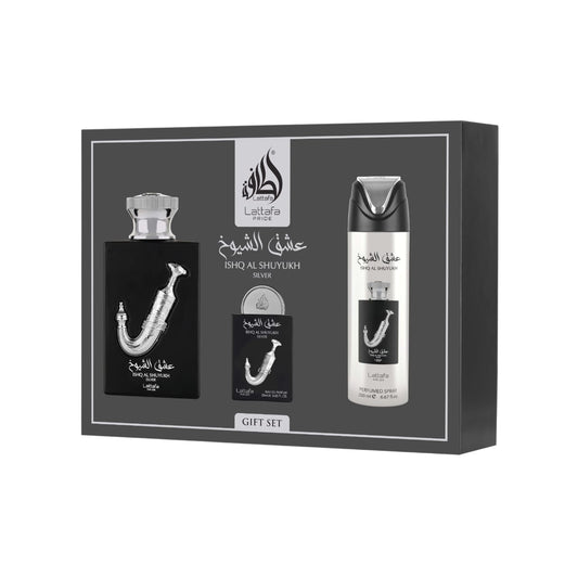 Ishq Al Shuyukh Silver Gift Set of 3 by Lattafa – Eau de Parfum (Unisex)